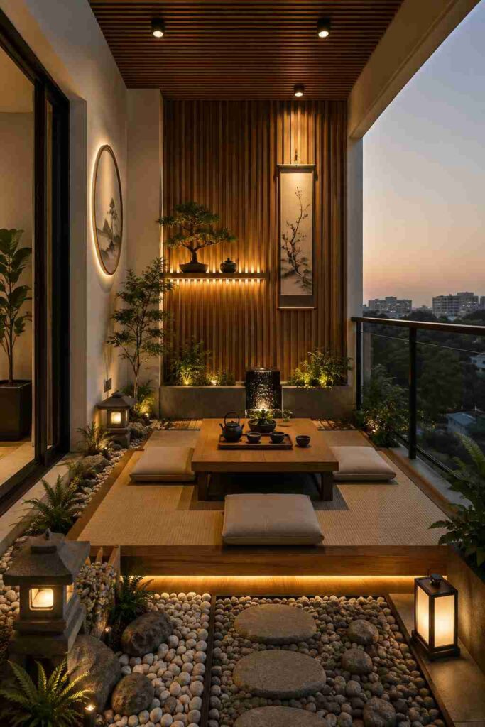 Japanese-inspired Zen balcony with a low wooden tea table, floor cushions, pebble garden, stepping stones, wooden slat accent wall, bonsai display, warm LED lighting, decorative lanterns, and lush greenery overlooking a tranquil city skyline.