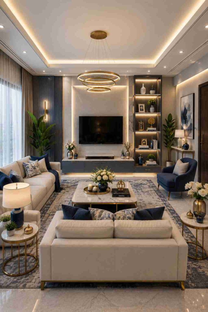 Blue accent luxury living room featuring a custom TV wall, LED display shelves, designer ring chandelier, premium cream sofas, elegant blue armchairs, marble coffee table, and stylish contemporary home decor.