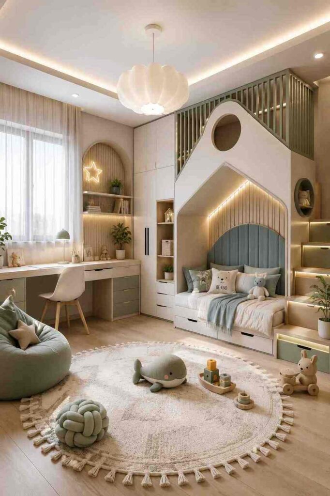 Cozy kids bedroom with loft bed, built-in storage, study desk, and soft green decor