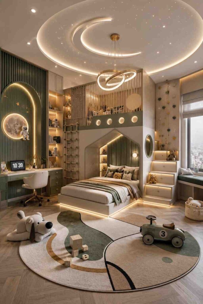 Creative kids bedroom with elevated sleeping platform, rope ladder, climbing wall, study corner, and play space