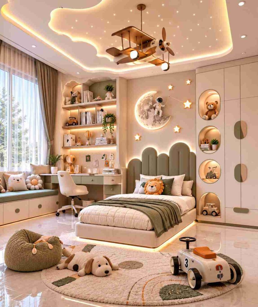 Space-themed kids bedroom featuring a cozy bed, study nook, illuminated shelves, built-in wardrobe, toys and indoor play area.
