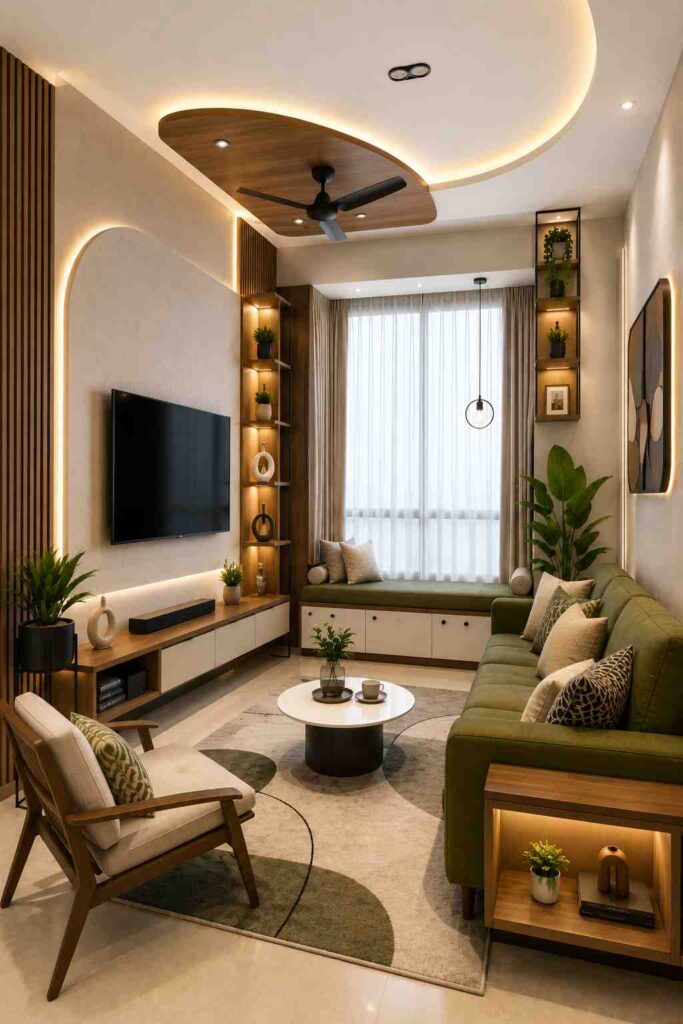 Elegant green living room featuring a designer TV wall, built-in window seat, curved wooden ceiling, warm LED lighting, premium furniture, and stylish contemporary interior design.