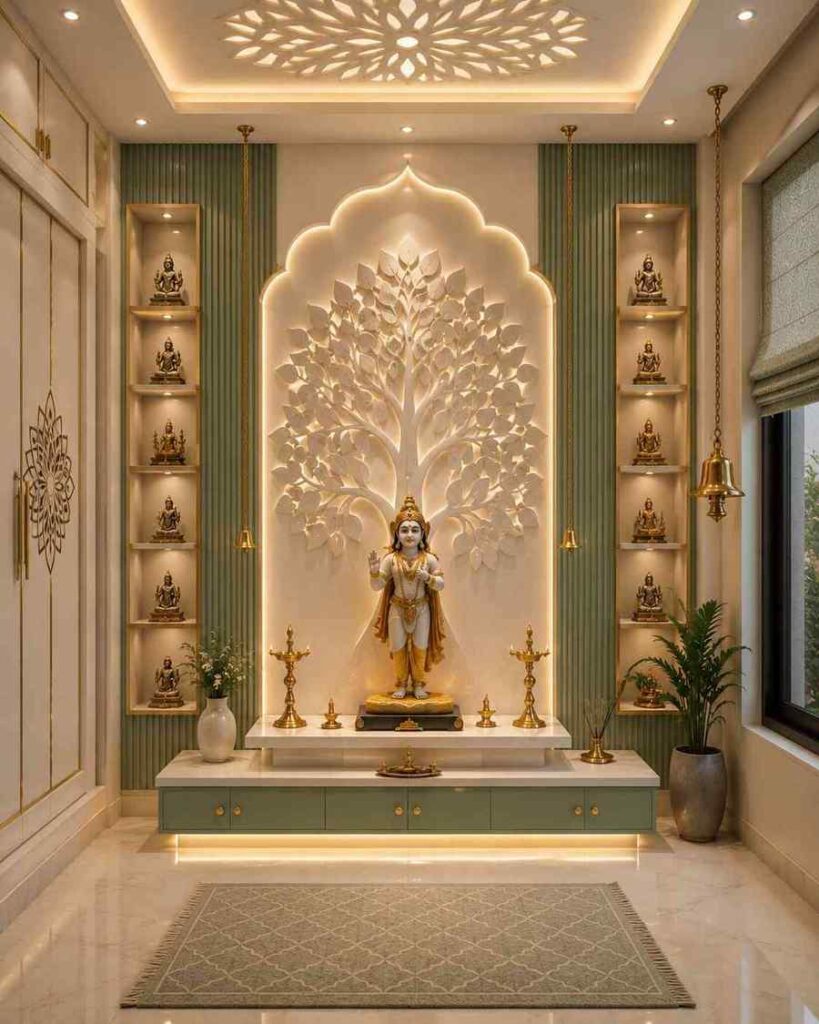 Elegant modern pooja room design with illuminated tree-of-life backdrop, deity idol, brass diyas and built-in display shelves.