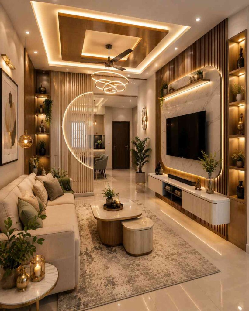 Elegant open concept living room featuring a decorative partition, illuminated marble entertainment wall, floating media console, statement ceiling lighting, built-in display shelves, and premium contemporary décor. 