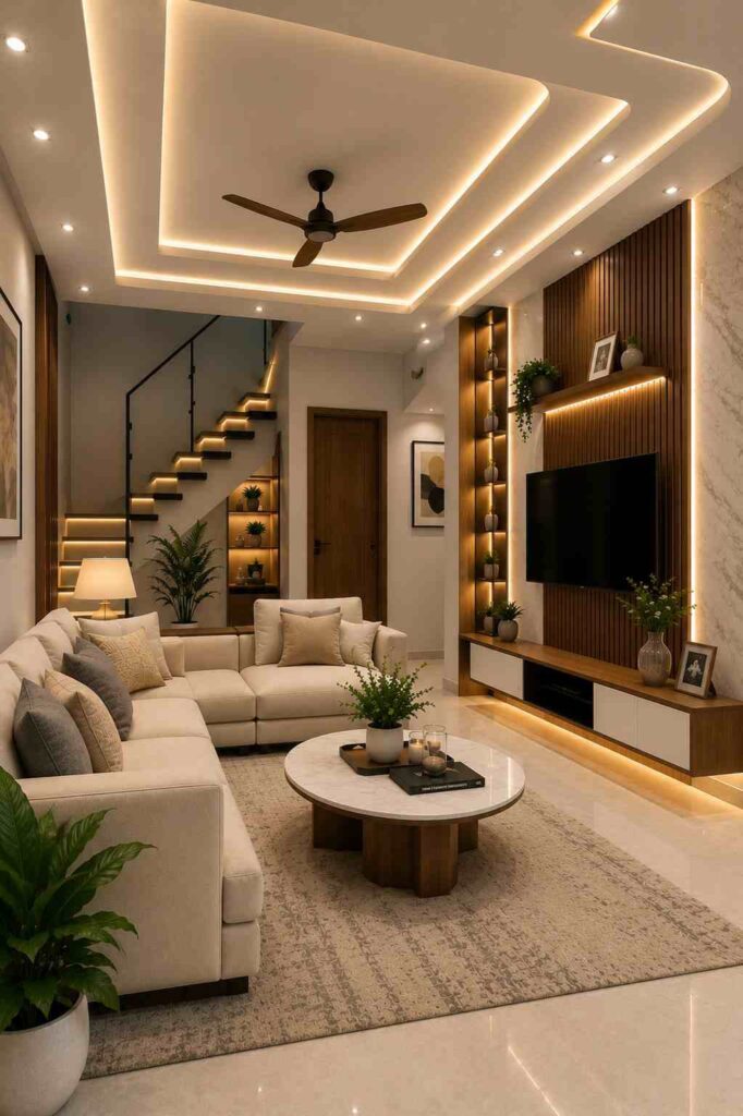 Living room with a floating TV unit, wood slat feature wall, built-in display shelves, LED false ceiling, staircase, and elegant entertainment unit for a stylish contemporary home. 