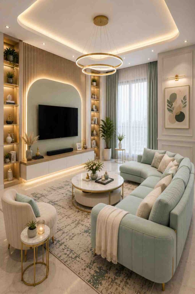 Living room TV wall design featuring a floating TV unit, built-in display shelves, LED feature wall, wall panel design, false ceiling, and elegant entertainment area for a stylish home. 