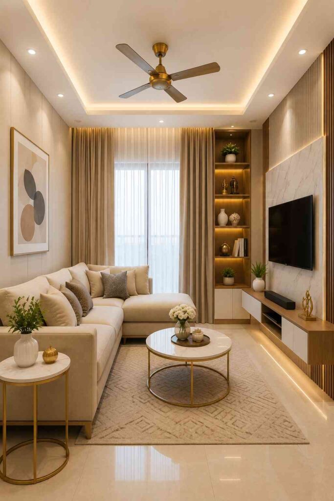 Luxury beige living room featuring a marble TV wall, floating TV unit, illuminated display shelves, warm LED ceiling lighting, neutral sectional sofa, and elegant contemporary interior design. 