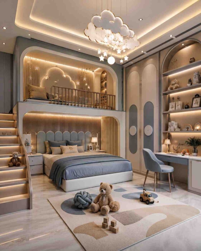 Luxury kids loft bedroom with built-in staircase, study desk, open shelving, and cloud ceiling light