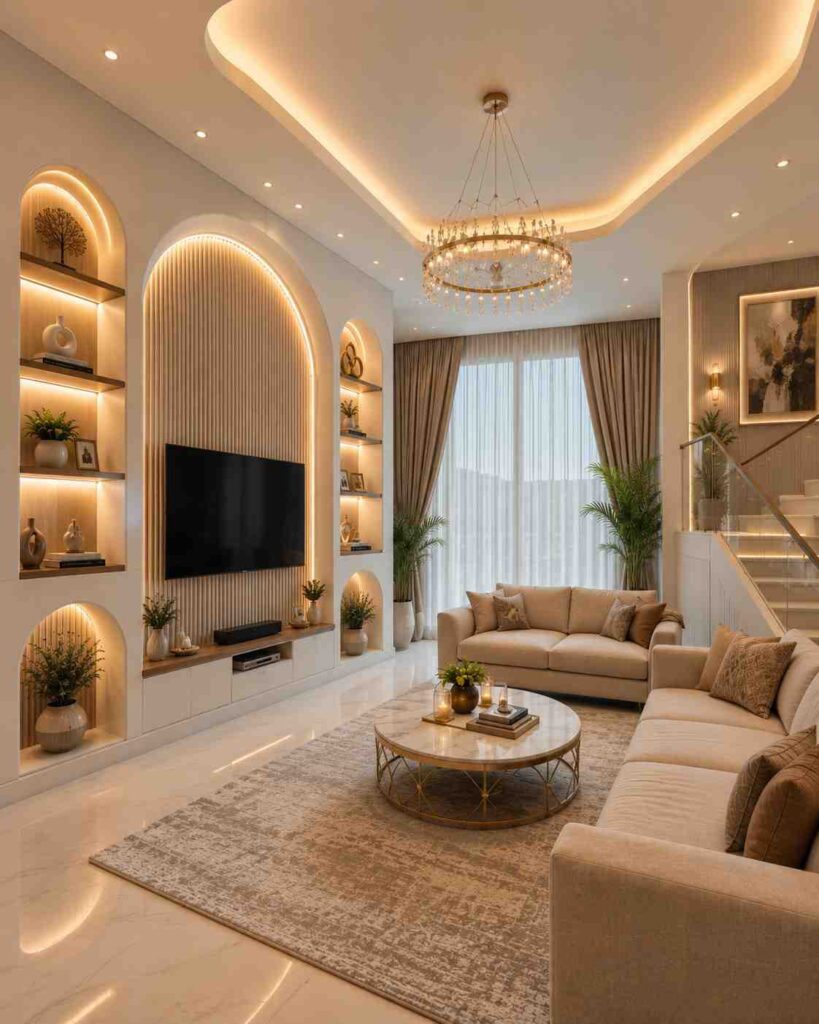 Luxury living room featuring an arched TV wall, illuminated display niches, crystal chandelier, warm LED ceiling lighting, neutral sofas, and elegant contemporary home decor.
