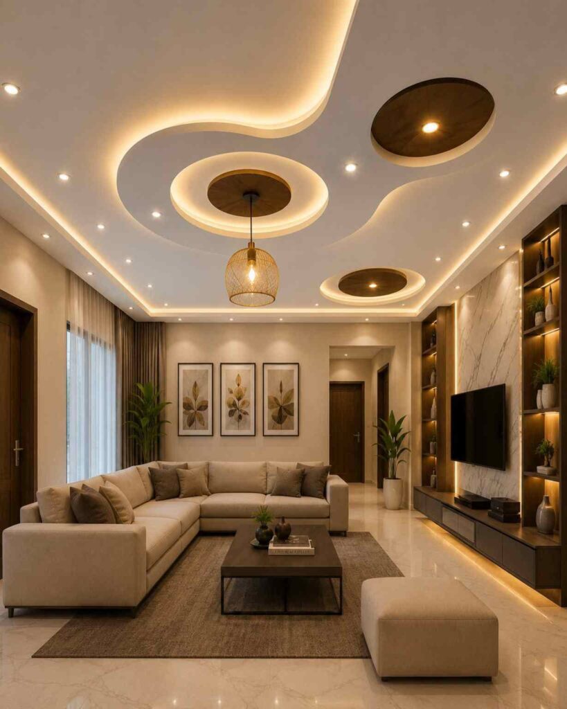 Luxury living room featuring a designer false ceiling, marble TV wall, floating TV unit, warm LED lighting, custom display shelves, neutral sectional sofa, and elegant contemporary home interior.