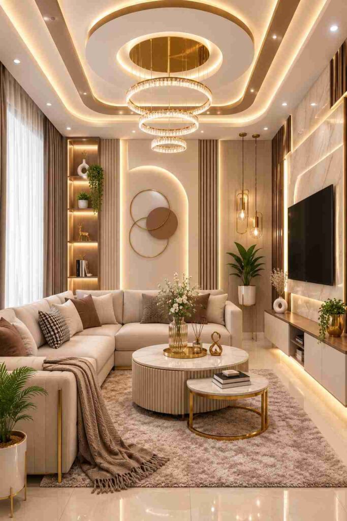 Luxury living room featuring a ring crystal chandelier, marble TV wall, warm LED ceiling lighting, premium wooden accents, modern TV unit, and elegant contemporary interior design.