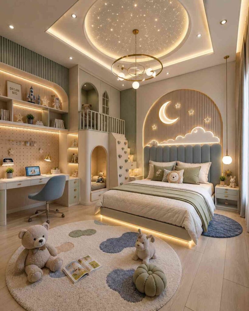 Luxury modern kids bedroom interior design with moon-themed wall decor, study area, and cozy bed
