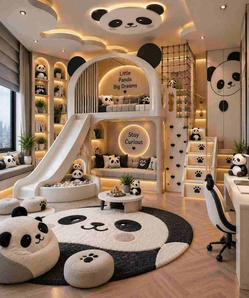 Luxury panda-themed kids bedroom interior with indoor slide, bunk-style sleeping area, climbing wall, and warm LED lighting.