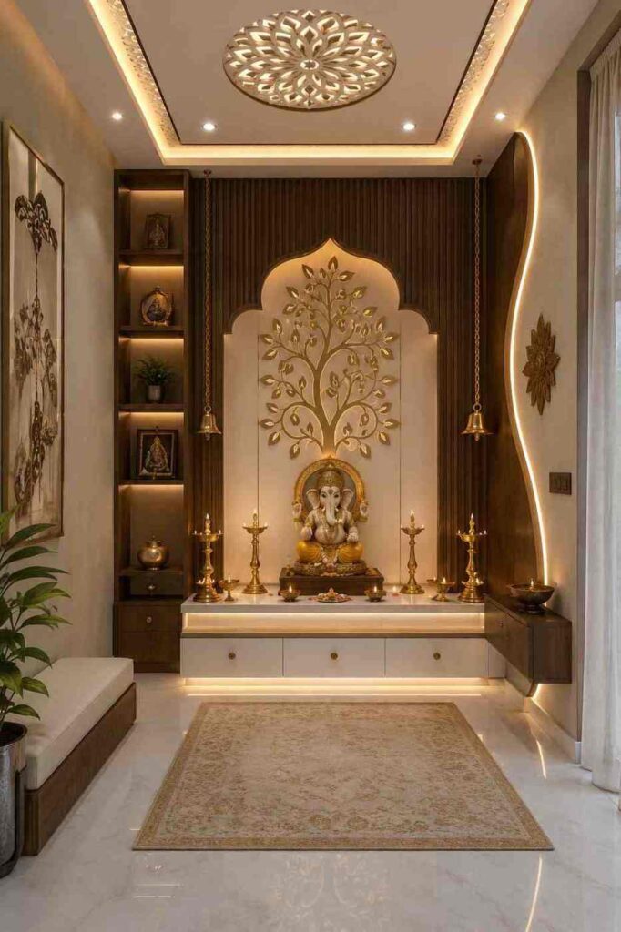 Luxury pooja room interior with carved wooden backdrop, Lord Ganesha idol, brass diyas, and warm LED lighting