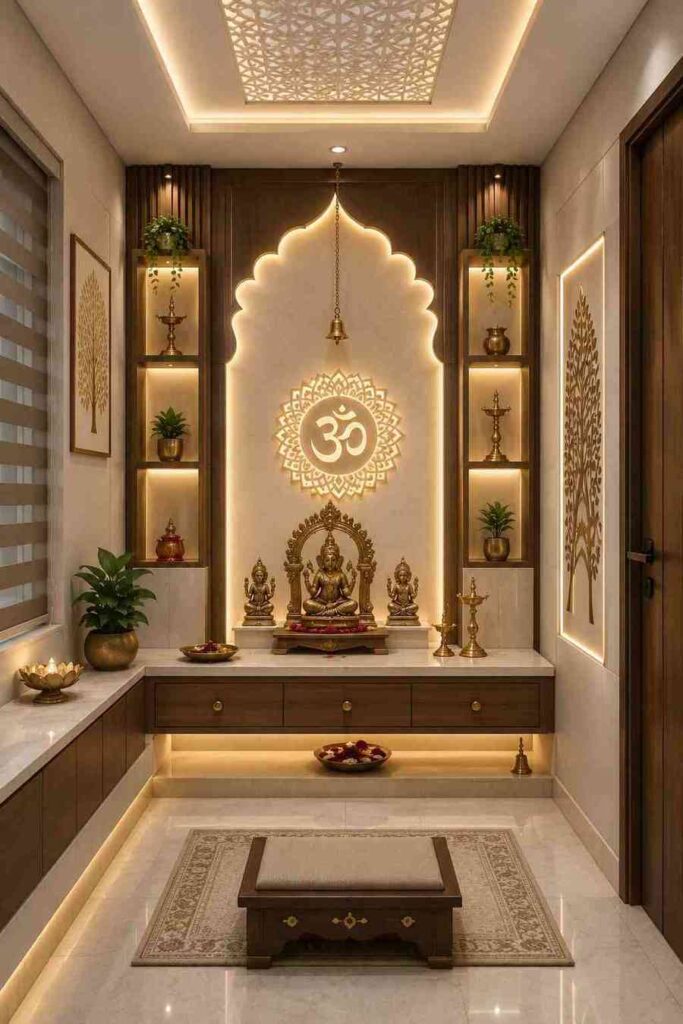 Luxury pooja room interior design with illuminated Om wall, traditional idols, brass diyas, wooden panels, and warm lighting.