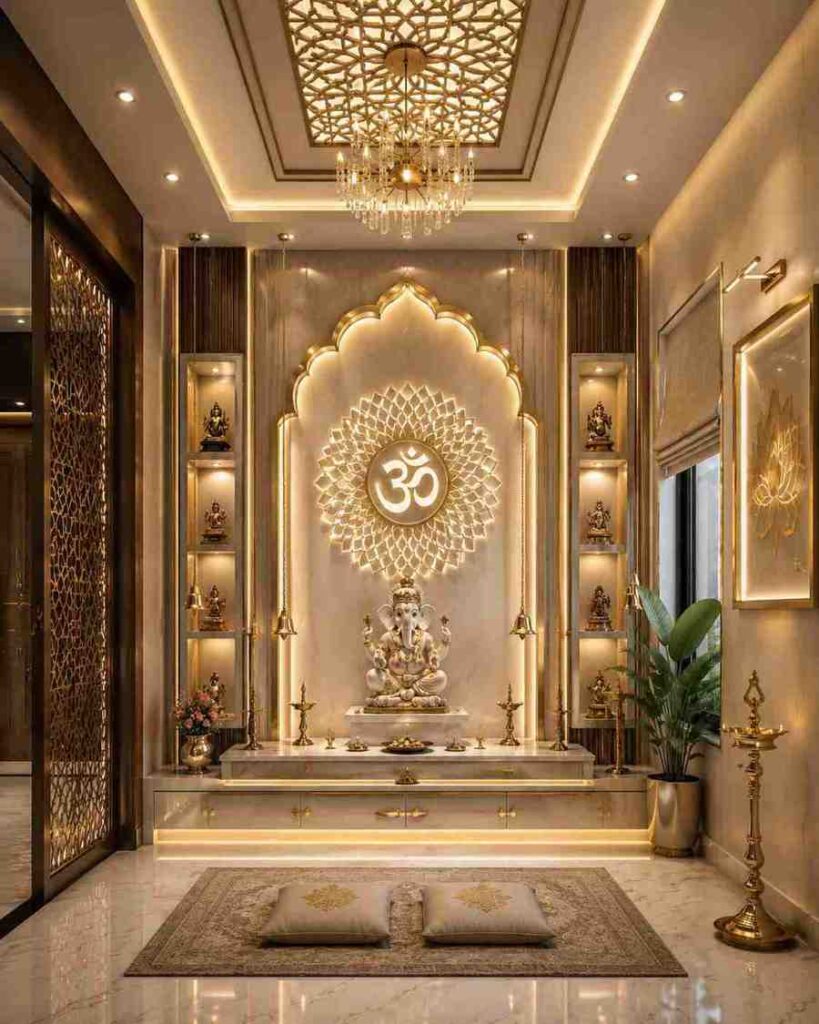 Luxury pooja room interior design with modern home temple, Ganesha altar, traditional Indian decor and warm LED lighting.