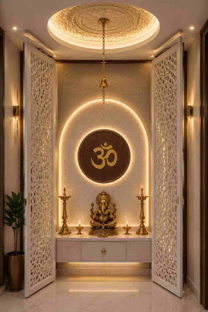 Luxury pooja room interior design with illuminated Om wall, Ganesha idol, decorative panels, brass diyas, and warm LED lighting.