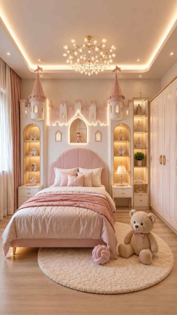 Luxury princess girls bedroom interior design with pink castle wall decor and cozy bed