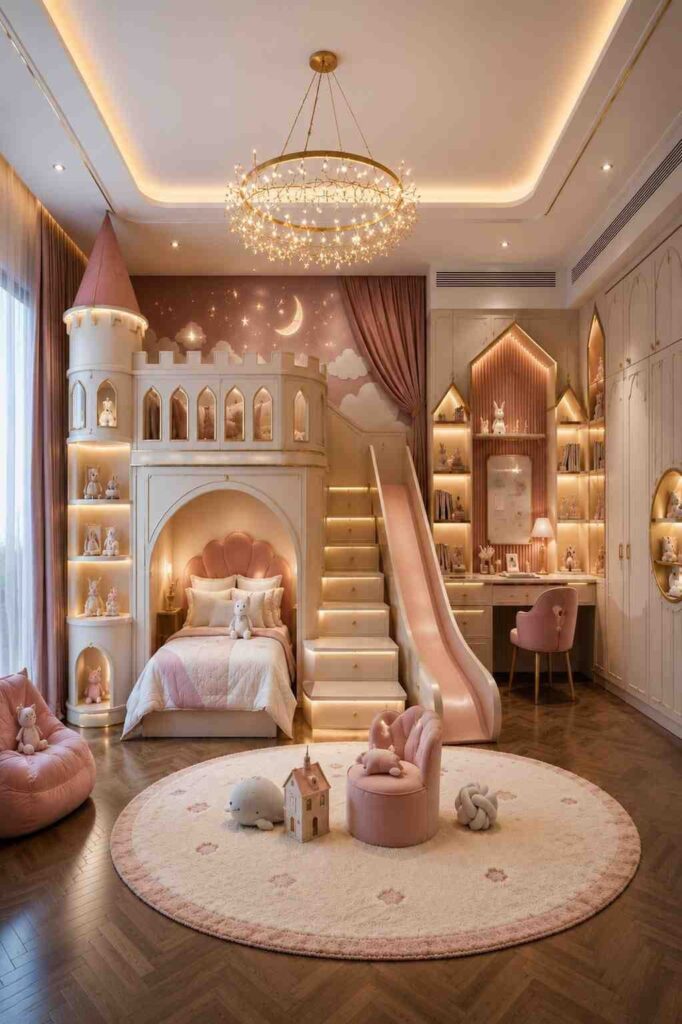 Luxury princess kids bedroom interior design with castle bed, slide, study area, and pink decor