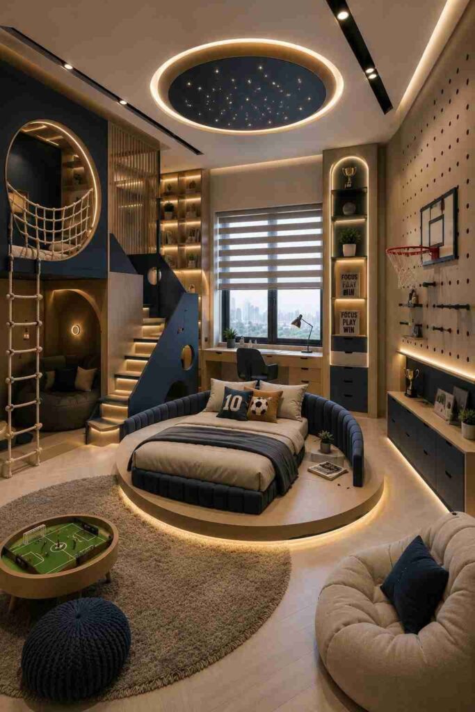 Luxury sports-themed boys bedroom with football decor, basketball hoop, climbing wall, and study desk