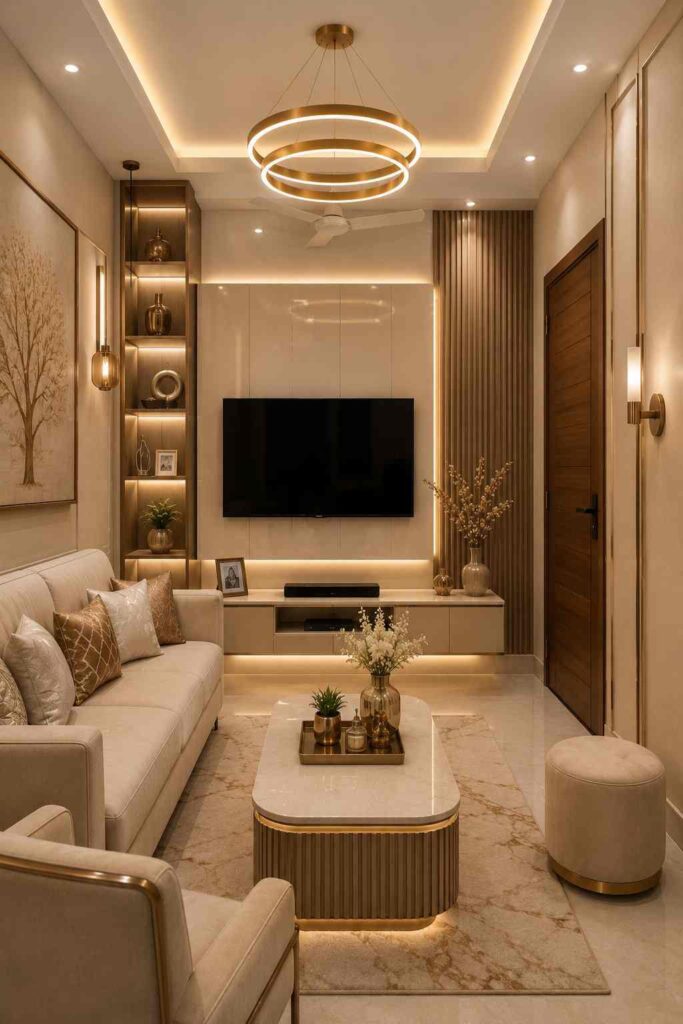 Luxury living room featuring a stylish TV wall design, floating TV unit, warm LED lighting, gold ring chandelier, built-in display shelves, neutral furniture, and elegant contemporary home decor. 