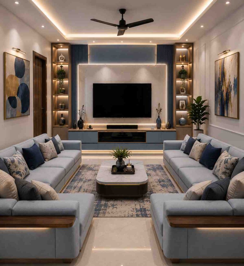 Modern blue luxury living room featuring a designer TV wall, floating TV unit, illuminated display shelves, warm LED ceiling lighting, premium blue sofas, and contemporary home interior design.