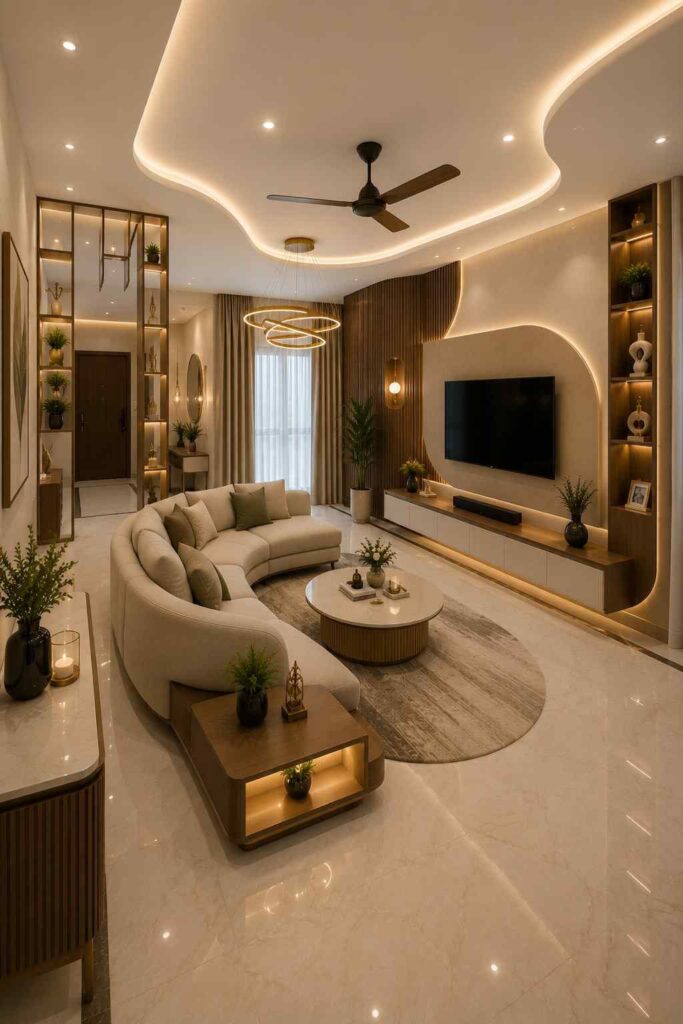 Modern curved living room featuring a designer TV wall, curved sofa, warm LED ceiling lighting, wooden wall panels, custom display shelves, and contemporary luxury home decor.