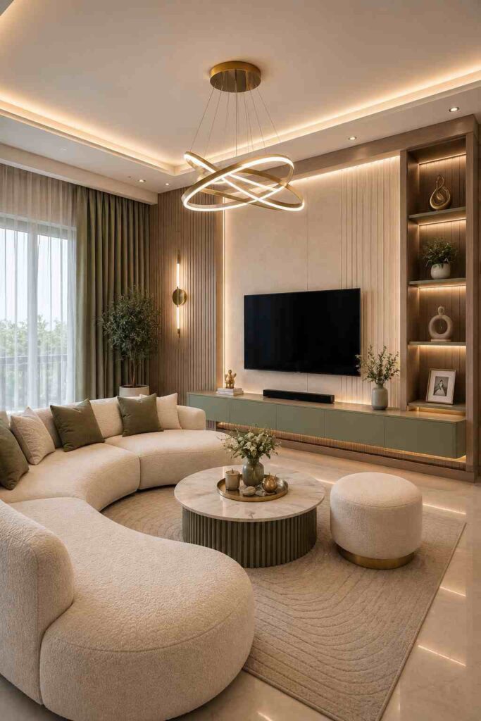 Modern curved luxury living room featuring a designer TV unit, sculptural curved sofa, ring chandelier, warm LED ceiling lighting, premium wooden shelving, and elegant contemporary interior design. 