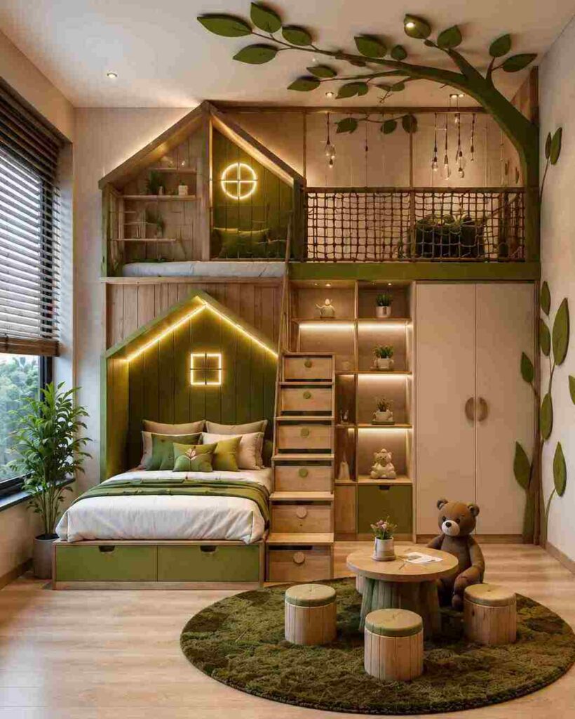 Modern green kids bedroom interior design with loft bed, wooden storage, and nature-themed decor