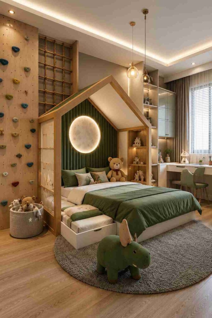 Modern green kids bedroom interior design with house-shaped bed, study area, and climbing wall
