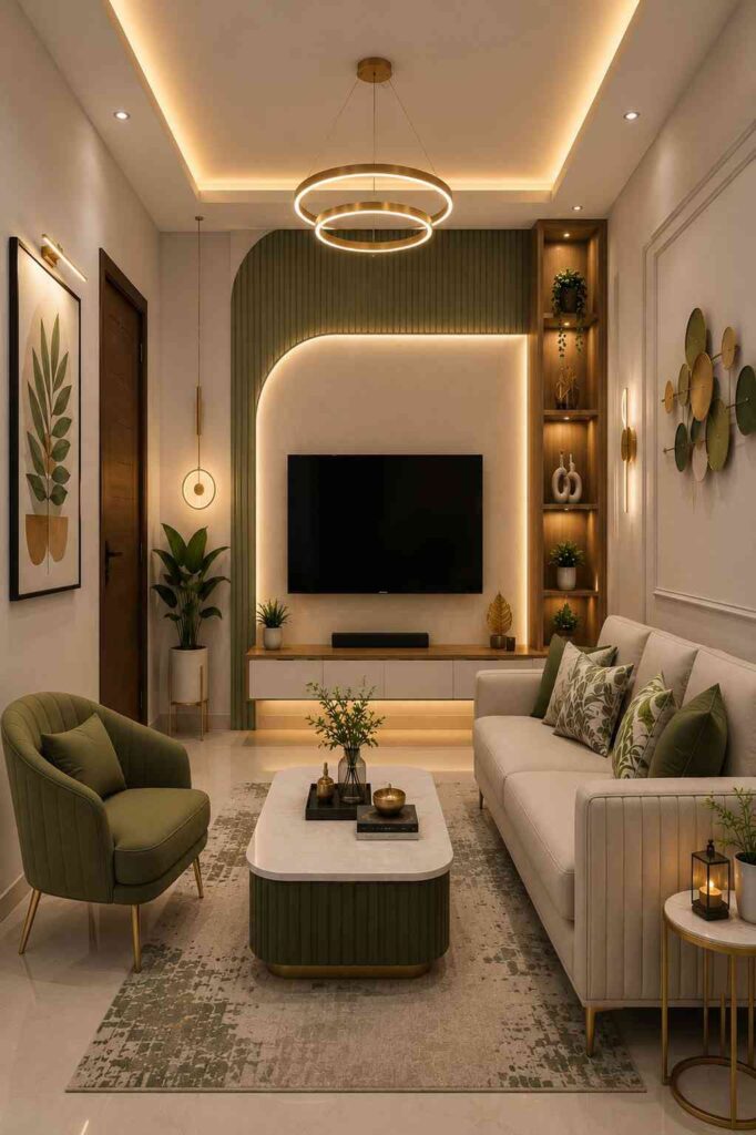 Modern green living room interior featuring an elegant TV wall, warm LED lighting, wooden shelving, neutral sofa, accent chair, and contemporary home decor.