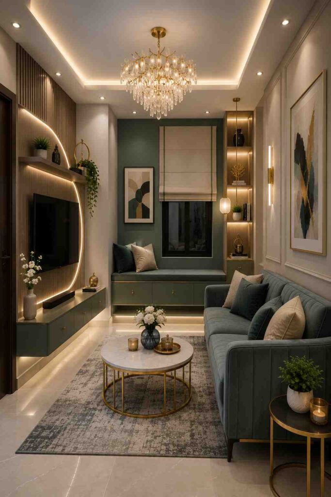 Modern green living room featuring a custom TV wall, cozy built-in window seat, crystal chandelier, warm LED lighting, premium wooden accents, and elegant contemporary home decor. 