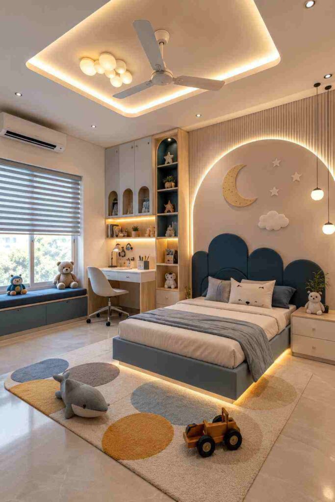 Modern kids bedroom design with study desk, built-in storage, comfortable bed, playful decor, ceiling lighting, and functional children’s room interior.