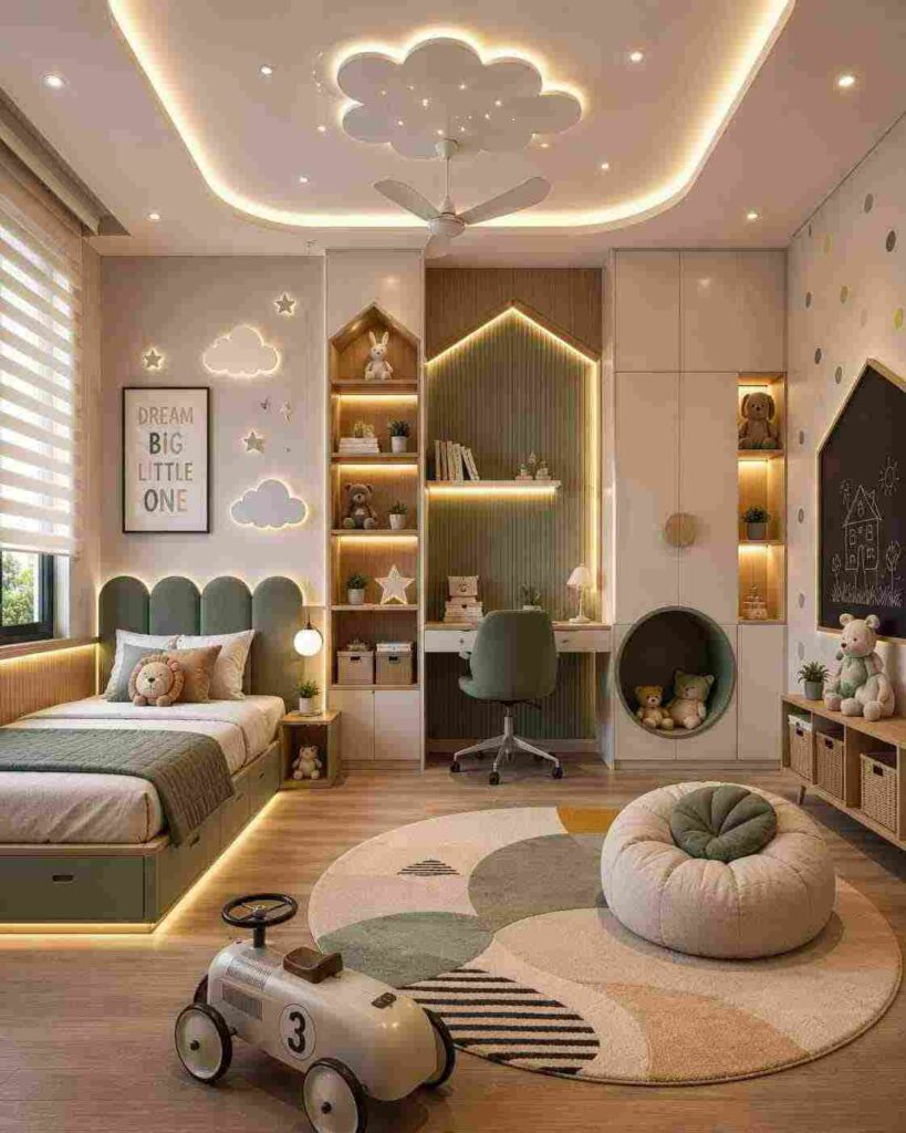 Modern kids bedroom interior with cozy bed, study desk, built-in storage, open shelves, play area, warm LED lighting and stylish decor.