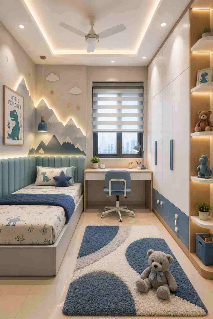 Modern kids bedroom with study area, built-in wardrobe, storage shelves, comfortable bed, playful wall design, and functional children’s room interior.