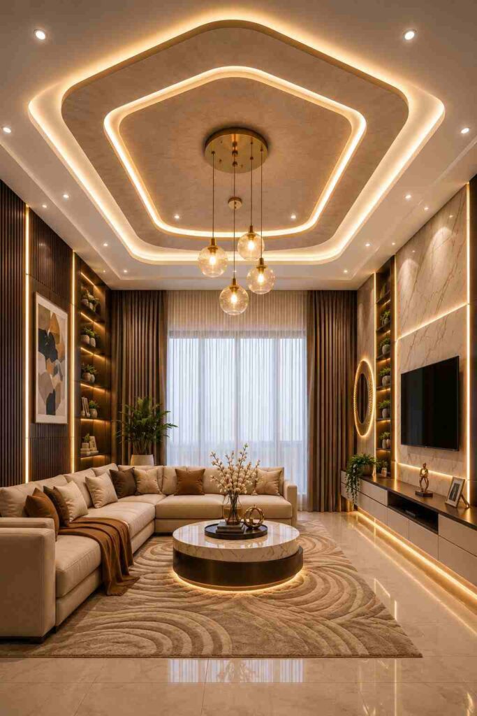 Modern luxury living room featuring a geometric false ceiling, marble TV wall, pendant lights, custom LED shelving, floating TV unit, and elegant contemporary home interior design.