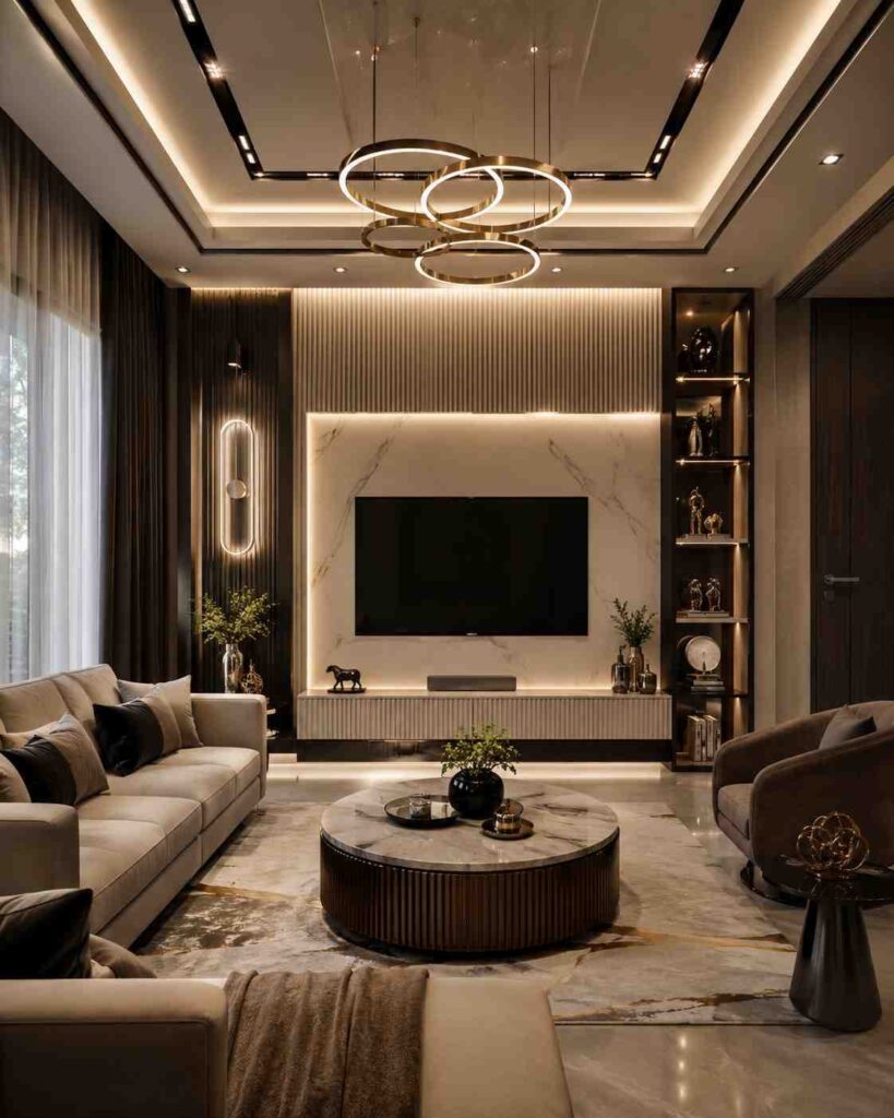 Modern luxury living room featuring a marble TV wall, designer false ceiling, ring chandelier, warm LED lighting, custom wooden shelving, and elegant contemporary furniture.
