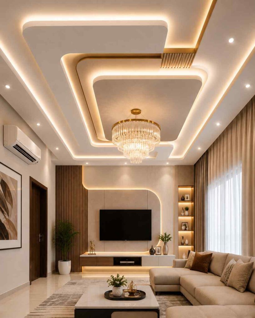 Modern luxury living room featuring a designer POP ceiling, crystal chandelier, LED lighting, custom TV wall, beige sectional sofa, and elegant contemporary home decor.
