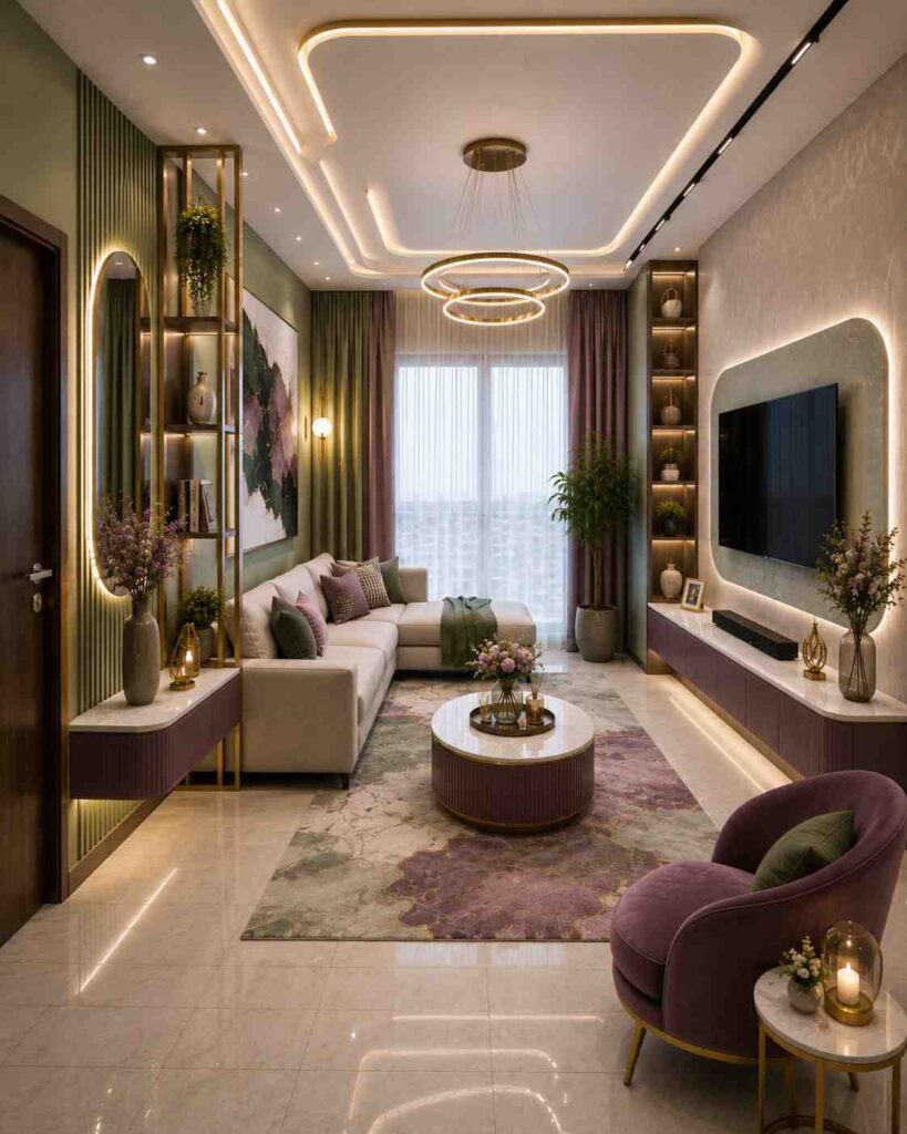 Modern luxury living room featuring a ring light ceiling, designer TV wall, custom display shelves, warm LED lighting, contemporary furniture, and elegant home interior design.