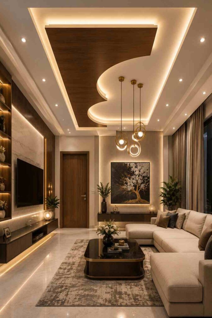 Modern luxury living room featuring a wooden false ceiling, marble TV wall, warm LED cove lighting, designer pendant lights, premium TV unit, and elegant contemporary home interior. 