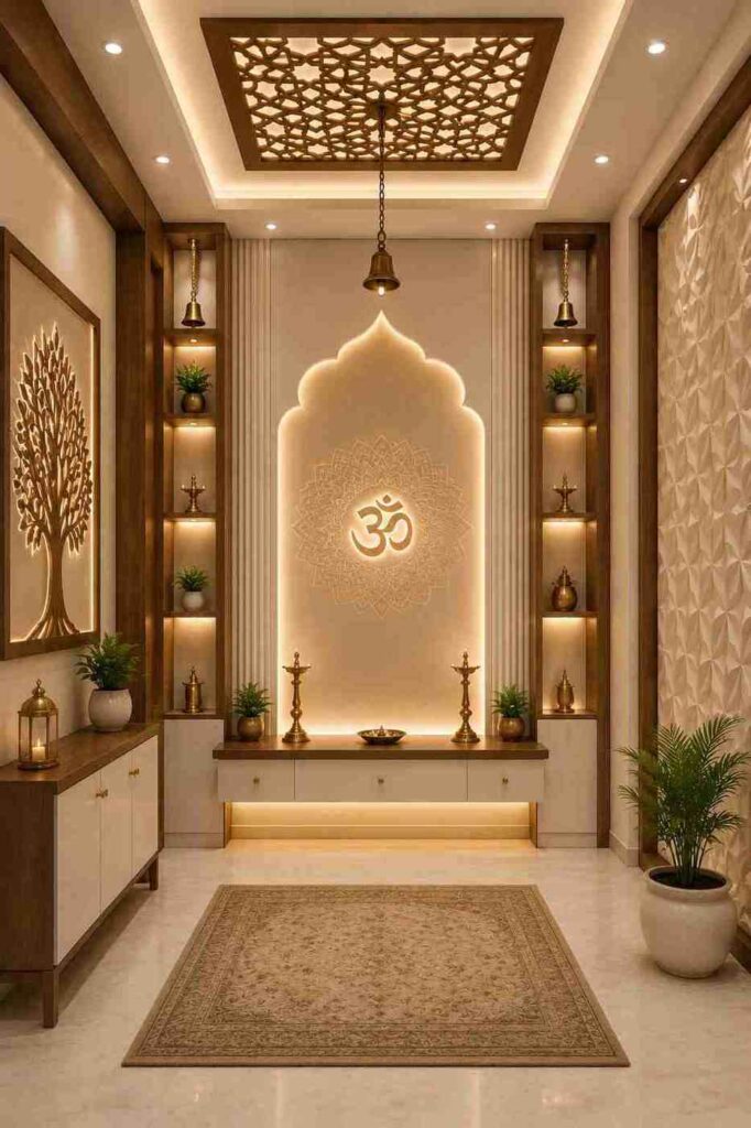 Modern Om pooja room with illuminated wall panel, wooden jaali ceiling, brass bells, and built-in shelves