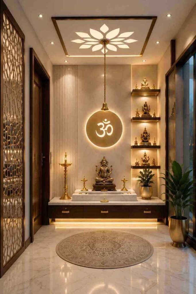 Modern pooja room interior design with illuminated Om wall, Ganesha idol, wooden shelves, brass diyas and warm lighting.