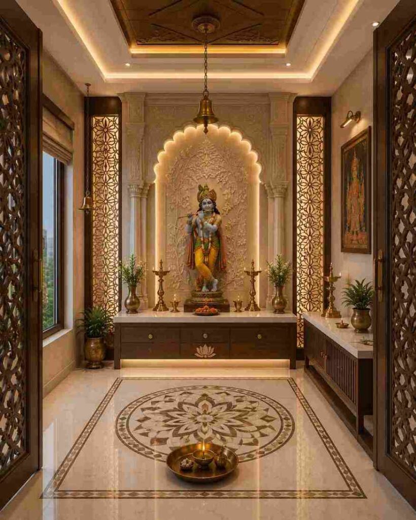 Modern pooja room interior design featuring a Krishna idol, illuminated arch, decorative screens, brass diyas, and warm ambient lighting.