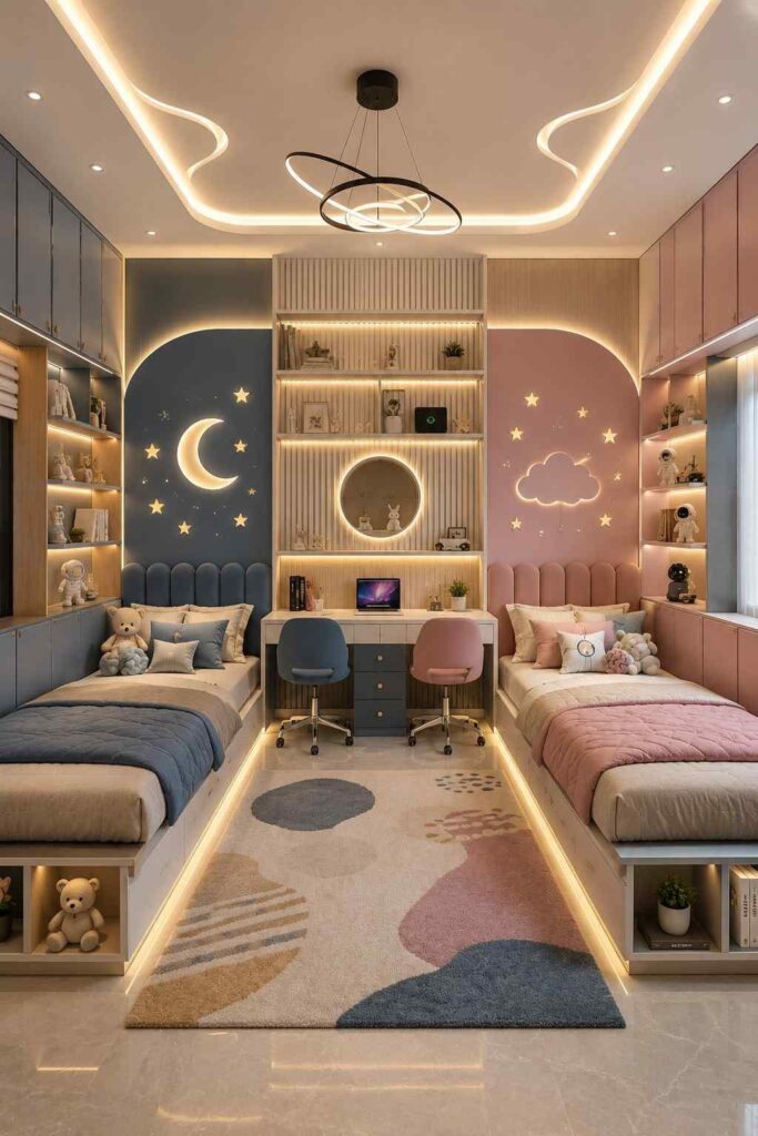 Modern shared kids bedroom interior design with dual beds, study desks, and moon-themed wall decor