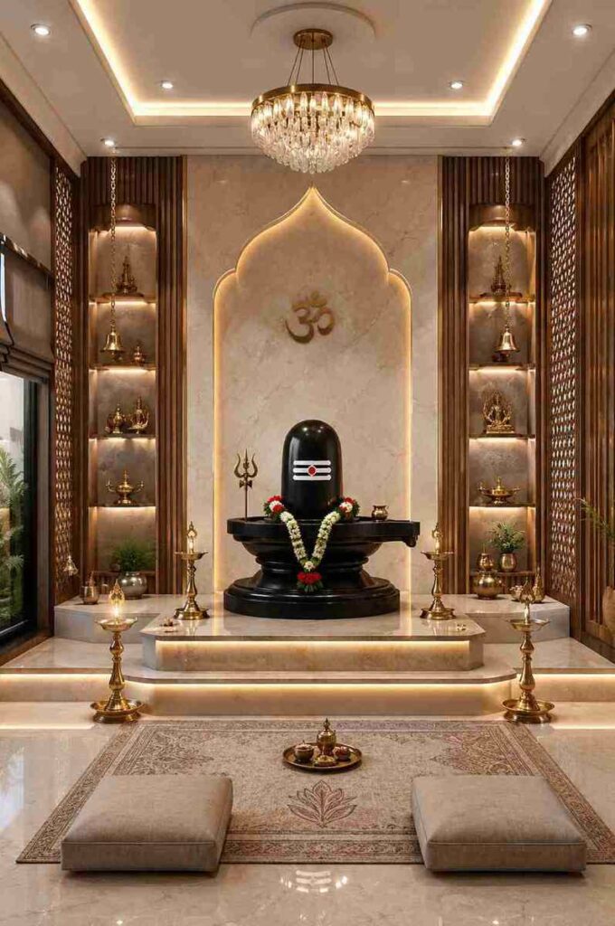 Modern Shivling pooja room interior design featuring a decorated Shivling, Om wall, brass diyas, carved panels, illuminated shelves, and chandelier lighting.