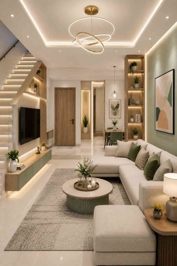 Modern small luxury living room featuring an open layout, floating TV unit, LED ceiling lighting, stylish staircase, wooden shelving, neutral sofa, and contemporary home interior design.