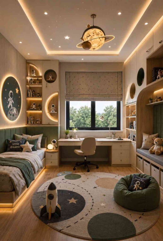 Modern space-themed kids bedroom with study desk, built-in storage, astronaut decor, display shelves, comfortable bed, and functional kids room interior.
