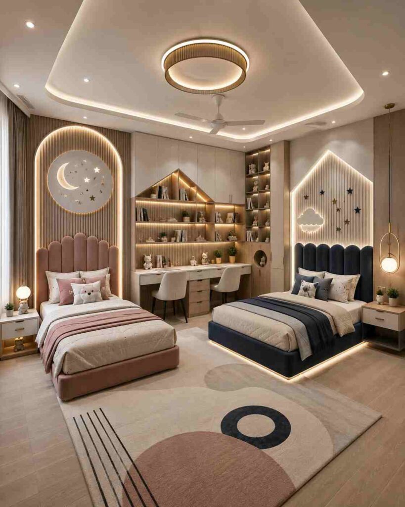 Modern twin kids bedroom interior with two stylish beds, built-in study desks, illuminated shelving, and decorative wall panels.