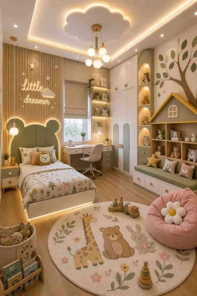 Nature-inspired girls bedroom with tree wall decor, study desk, window seat, and built-in storage