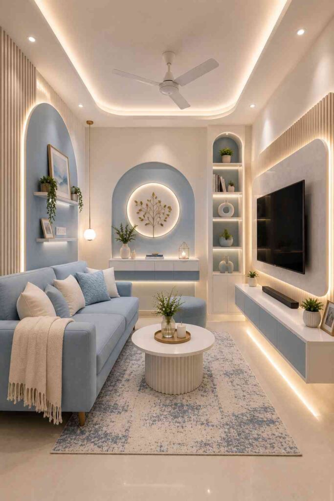 Pastel blue living room featuring a floating TV console, illuminated display shelves, soft LED ceiling lighting, decorative wall niches, and cozy white-blue seating for a bright contemporary home.